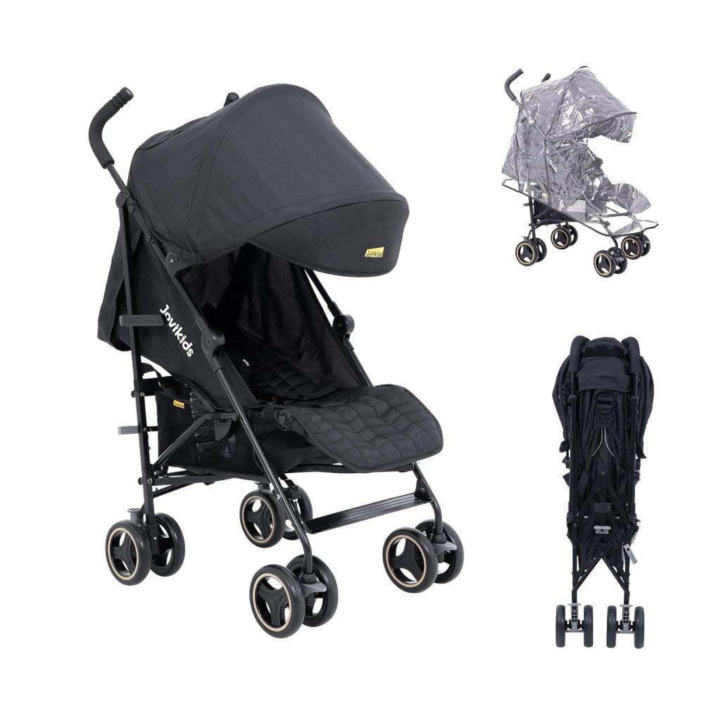 Jovikids Kinderwagen, Buggy zusammenklappbar mit Liegefunktion, Reisebuggy bis 22kg inkl. Sonnenverdeck, Regenverdeck, Getränkehalter (Schwarz) Black