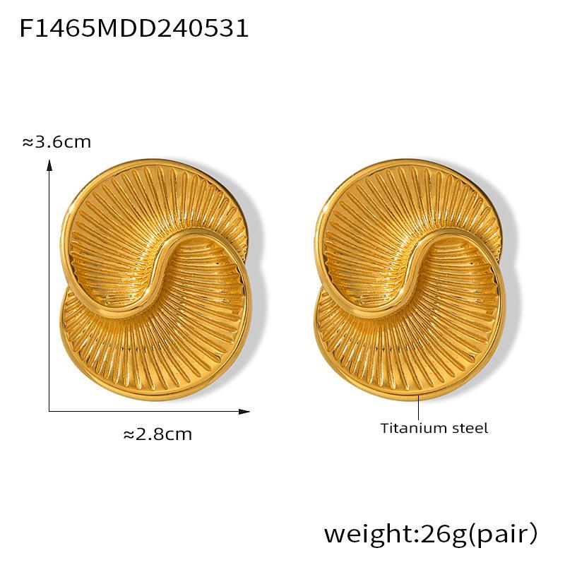 Titanium Steel Plated 18K Gold Water Drop Texture Spiral Earrings, The Same Asymmetric Color-Retaining Stud Earrings For Women