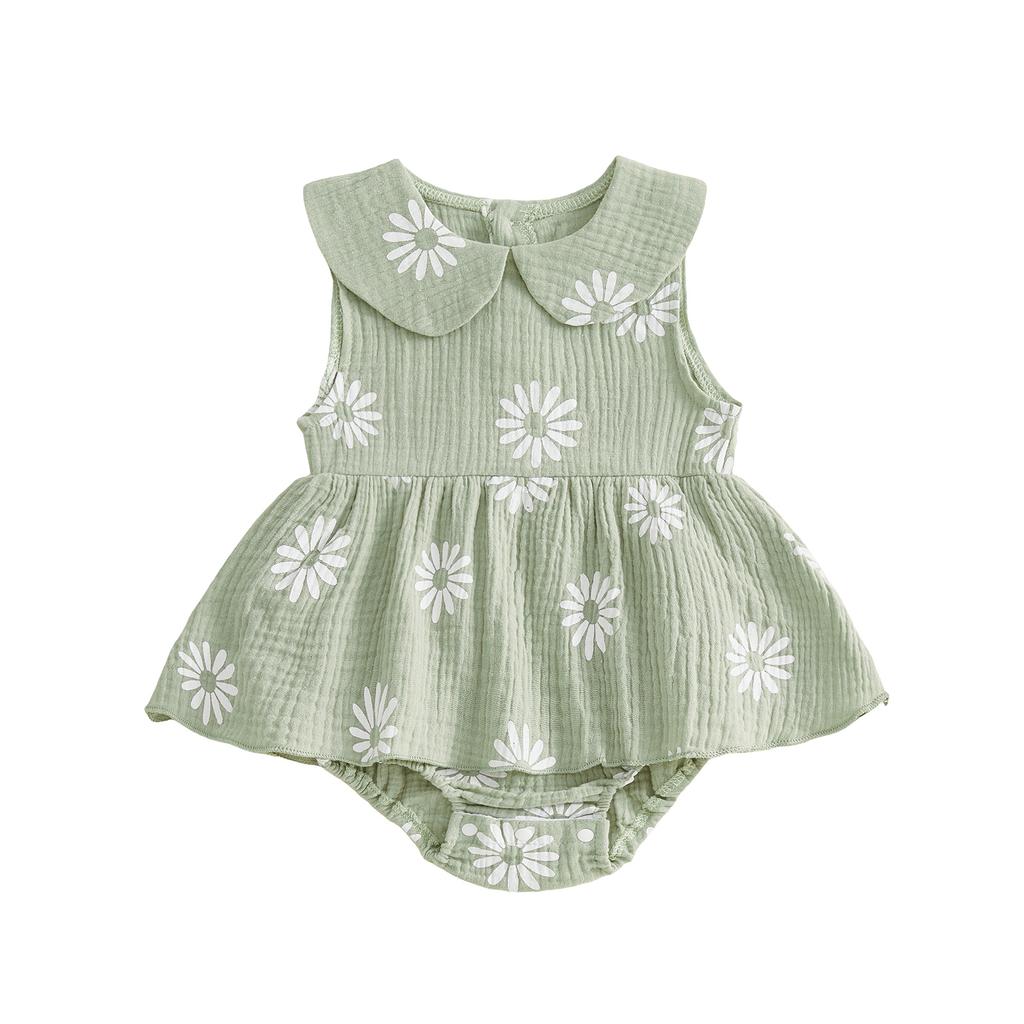 Infant Baby Girl Romper Dress Summer Doll Collar Sleeveless Daisy Flower Print Jumpsuit