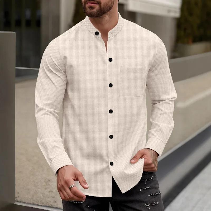 Long Sleeve Shirt Casual Top for Spring and Autumn Solid Color Cardigan Breasted Stand Collar