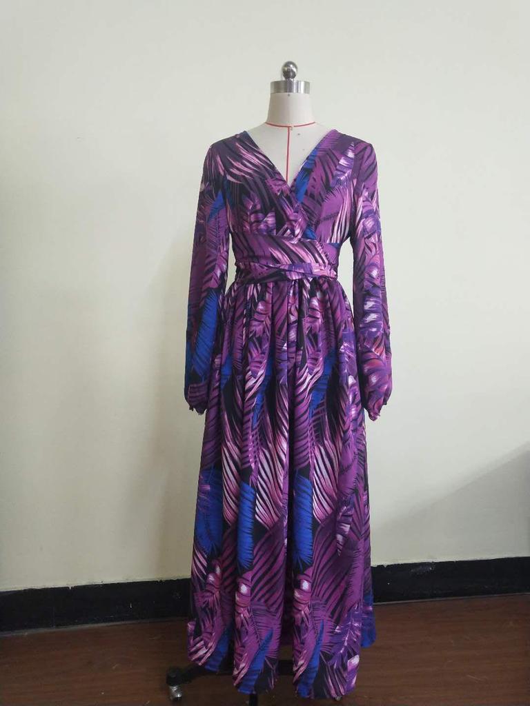 2025 European & American Women's V-Neck Long Dress - Red Leaf Print with Lantern Sleeves