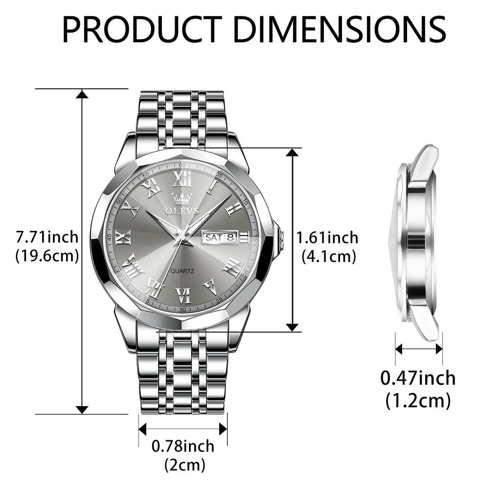 OLEVS Business Analog Silber Grau Beliebte Zeigeruhr für Edelstahl Cool Silber Herren Leicht ablesbare Zeiger Lässige Herrenuhr, Wasserdicht, Leuchtend,