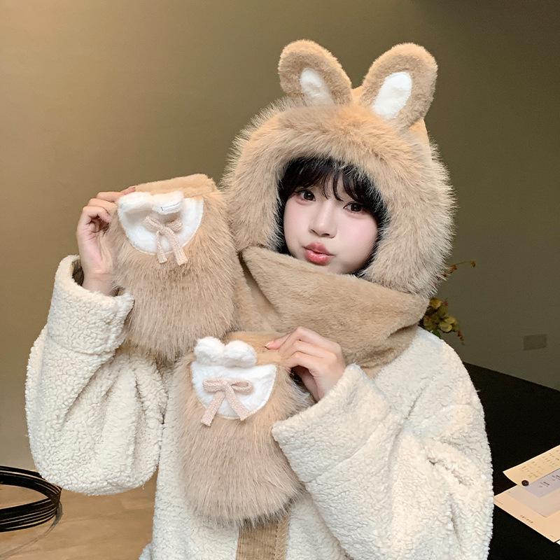 Women's Cozy Fox Ear Plush Hat with Integrated Scarf - Warm, Soft Lei Feng Design for Autumn and Winter. Perfect Ear Protection for Students.