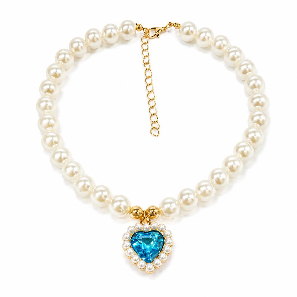 Pearl Rhinestone Pet Collar Necklace for Cats and Dogs, Vintage Heart Crystal Pendant, Princess Style Adjustable Choker