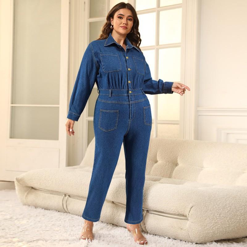 Womens Plus Size Denim Jumpsuit Long Sleeve Collarless Straight Leg Overalls 2025 Soft Sweet Style XL To 5XL