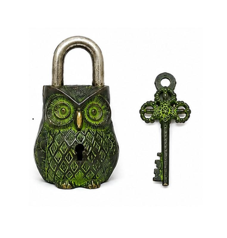 TreegoArt Attraktives Messing Schloss Schlüssel Set mit erstaunlichem Eulen Design Grün Beschichtetes Funktionelles Messing Schloss mit 2 Schlüsseln - Packung von 1