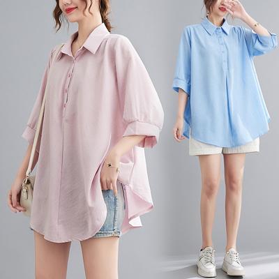 Summer Women's Polo Shirt Casual Large Size Linen Cool and Comfortable Slimming Belly Cover Loose Top Female Fashion Pink