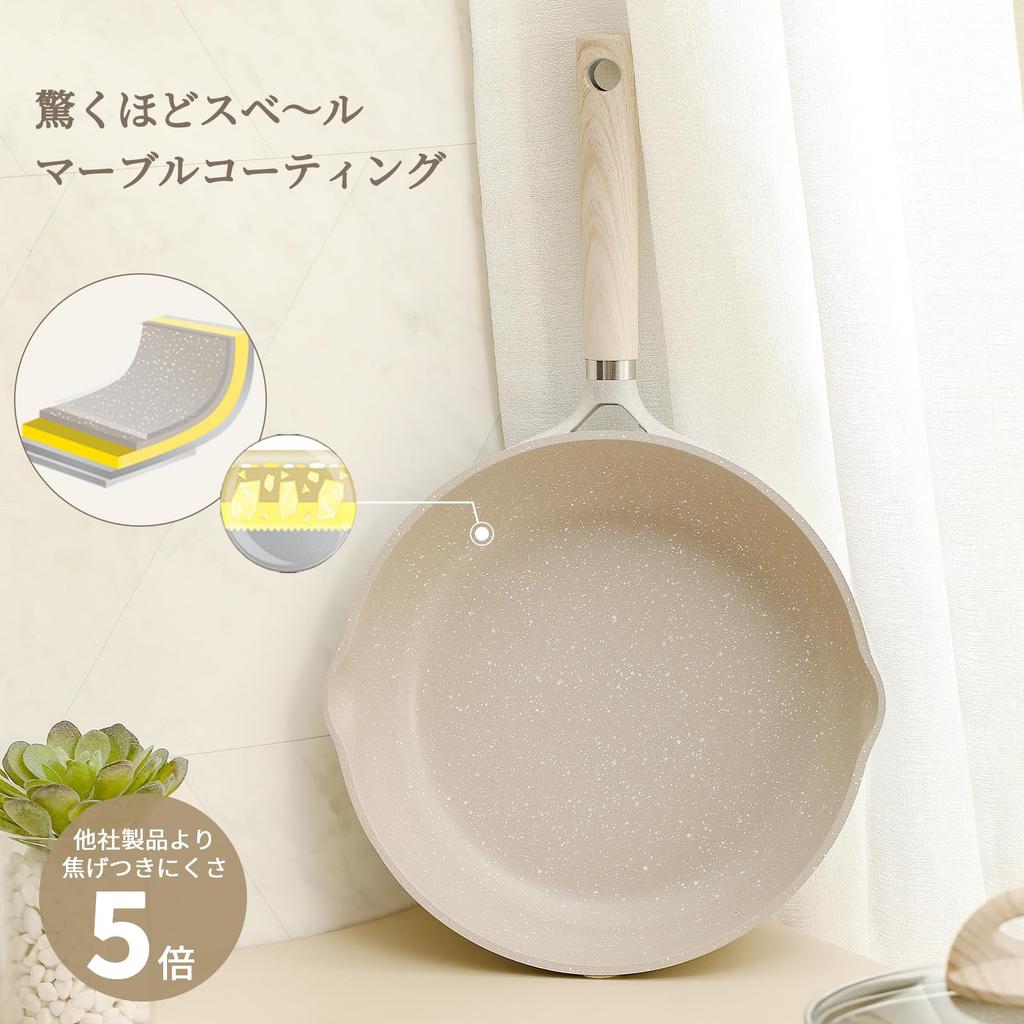 CAROTE Frying Pan with Lid, 20cm, IH Compatible, PFOA/PFOS Free, Marble Coating, Smooth Non-Stick, Easy To Clean, Perfect for Fried Eggs and Omelets,
