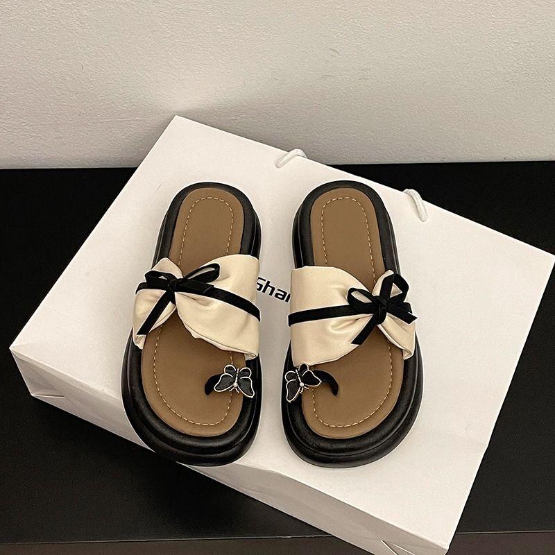 

Fashion Sandals Black Shoes for Women on Beach Platform Slides Open Toe with Bow Woman Slippers Clappers Summer Footwear 2025 Trend Sale 35