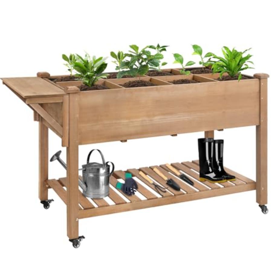

Raised Garden Bed with Lockable Wheels Mobile Elevated Wood Planter Storage Shelf Protective Liner 55.5x24x32in Brown United States