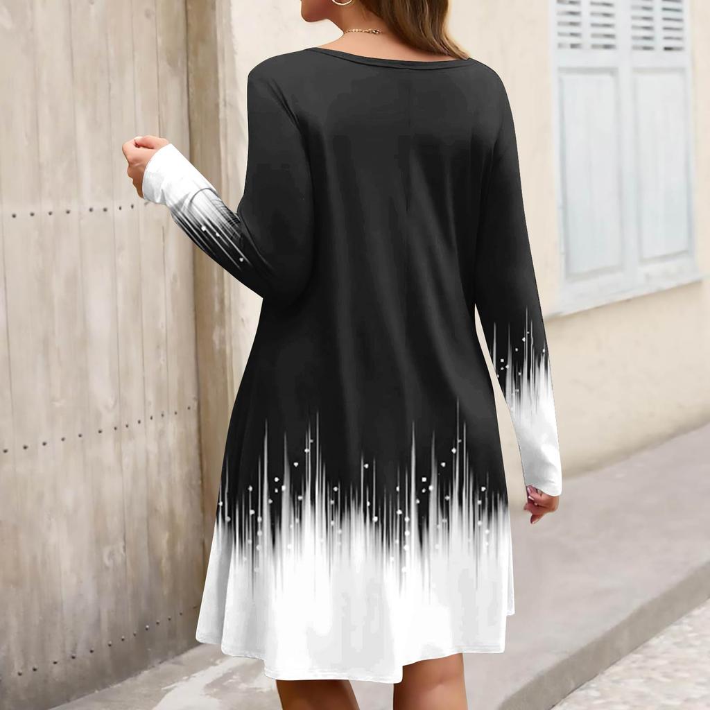 Plus Size Women's Gradient Print Casual Spring/Autumn Pocket Round Neck Long Sleeve Dress