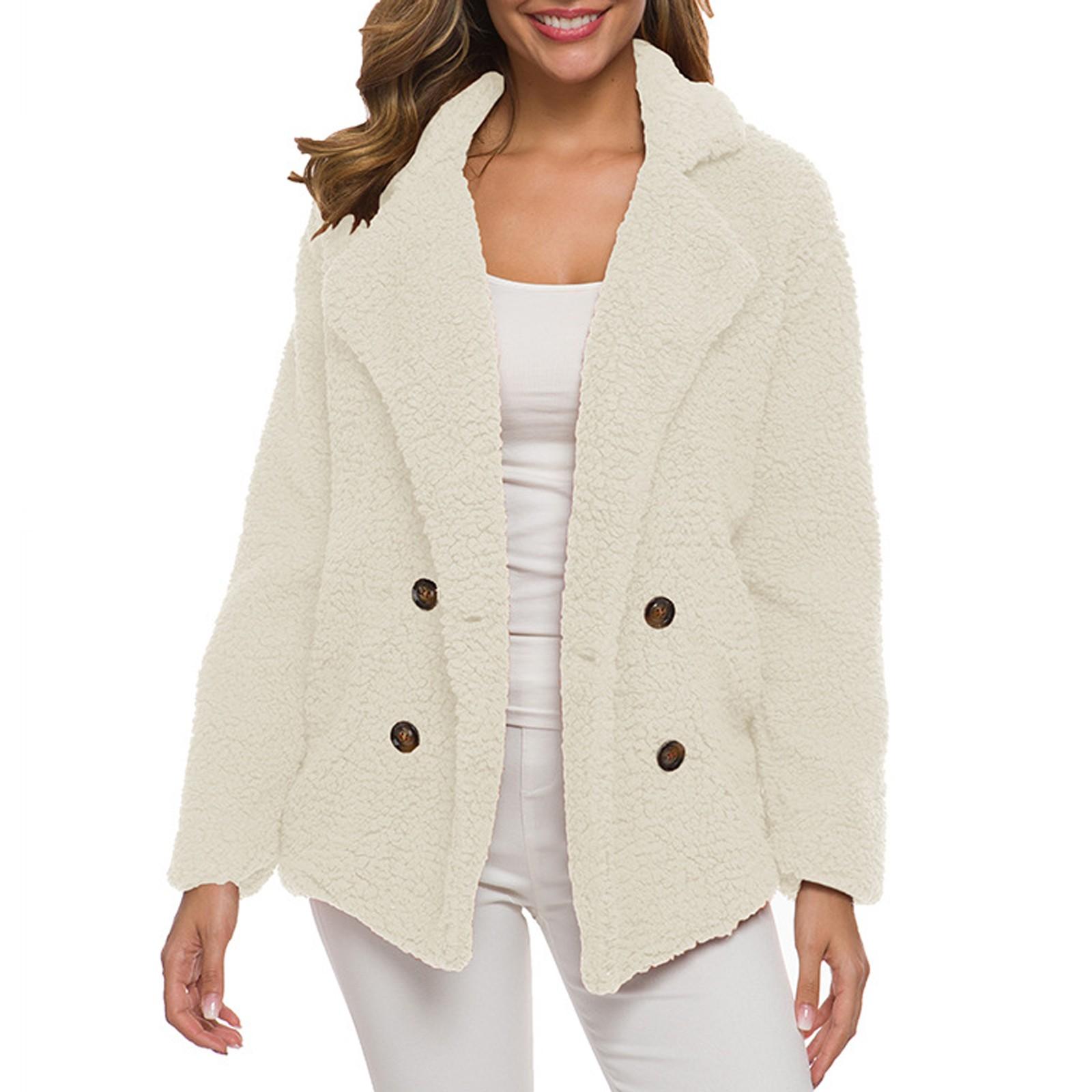 

Женский зимний повседневный утепленный костюм с воротником на пуговицах, куртка из овечьей шерсти, кардиган M белый