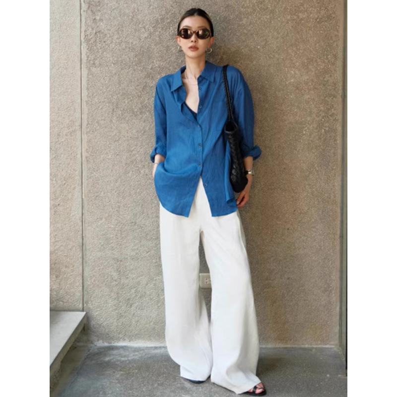Blue Loose Long Sleeve Thin Versatile Casual Linen Shirt Cardigan Outerwear