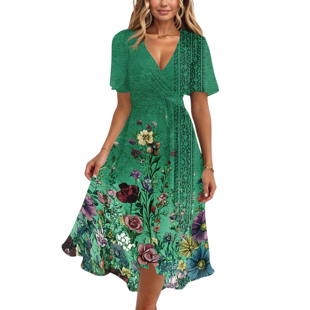 Womens Casual V Neck Short Sleeve Floral Print Midi Dress Vintage Style Lightweight Soft Fabric Flowing Skirt for Daily Wear