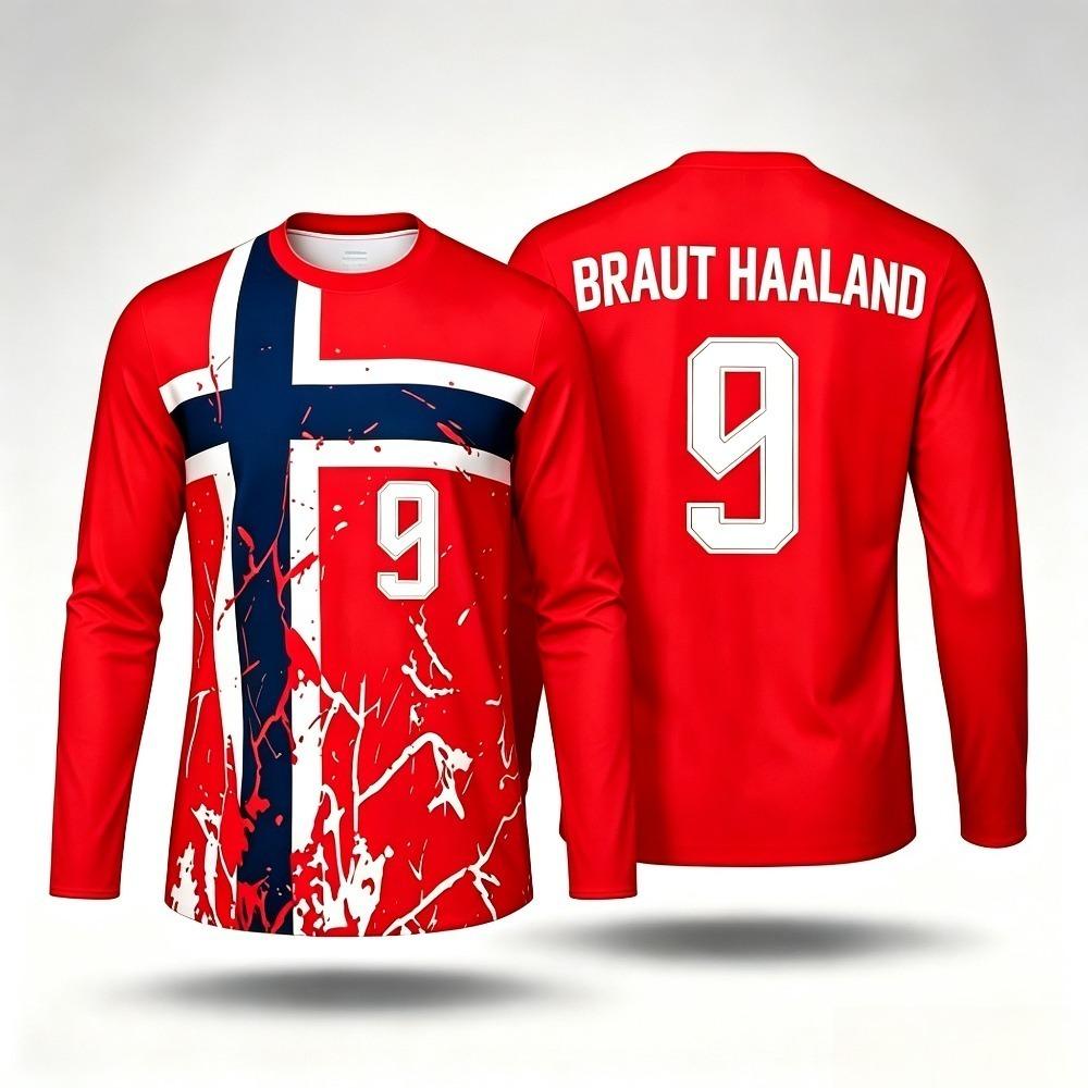 T-shirt Stampata Haaland 9 Bandiera Norvegese con Fantasia a Schizzi 3D Estiva Traspirante Casual Manica Lunga Magliette Sportive da Calcio per Unisex