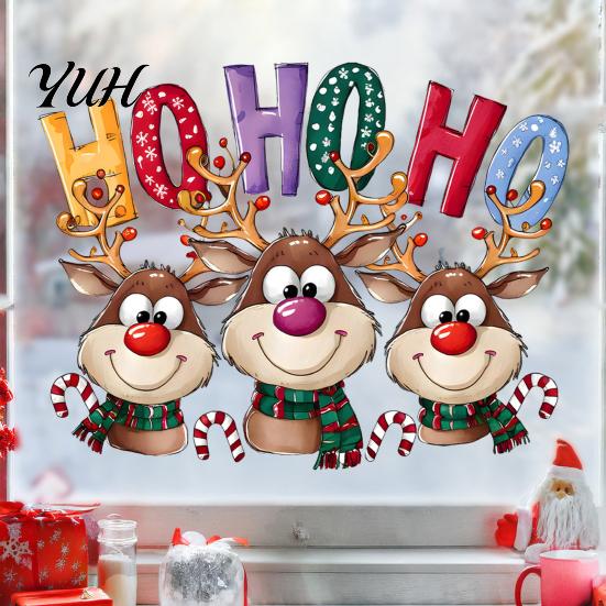 Christmas Scene Settings Static Cling Window Stickers, Cartoon Reindeer HOHOHO Art Glass Decals, Reusable Film Festive Holiday Decor for Home Windows