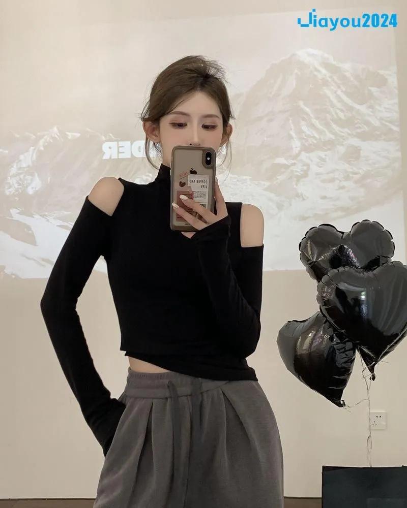 High,neck, Off,shoulder, Hollowed,out Long,sleeved Fitted T,shirt For Women, Stylish Short Top