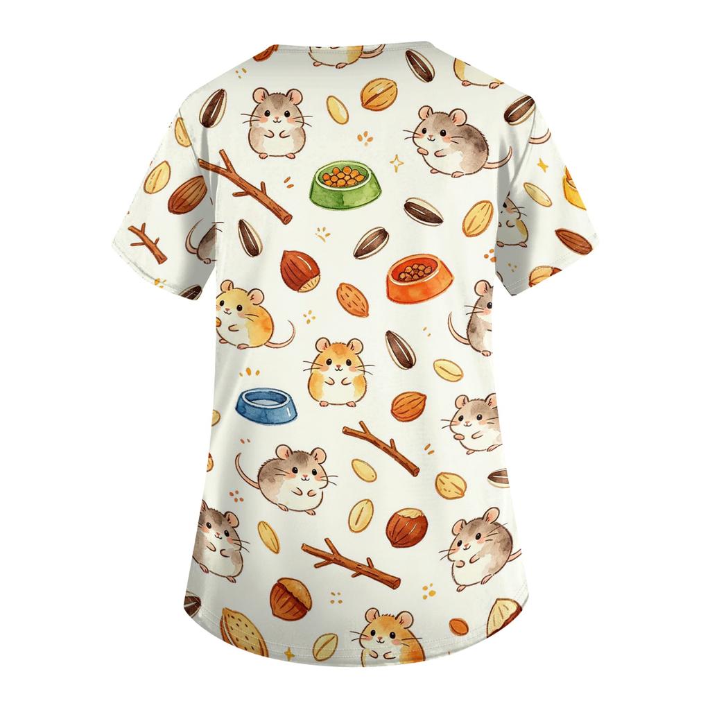 Top da Lavoro da Donna con Scollo a V e Maniche Corte con Tasche, Stampa Animalier, Camice Medico per Professionisti Sanitari, Uniforme da Infermiere