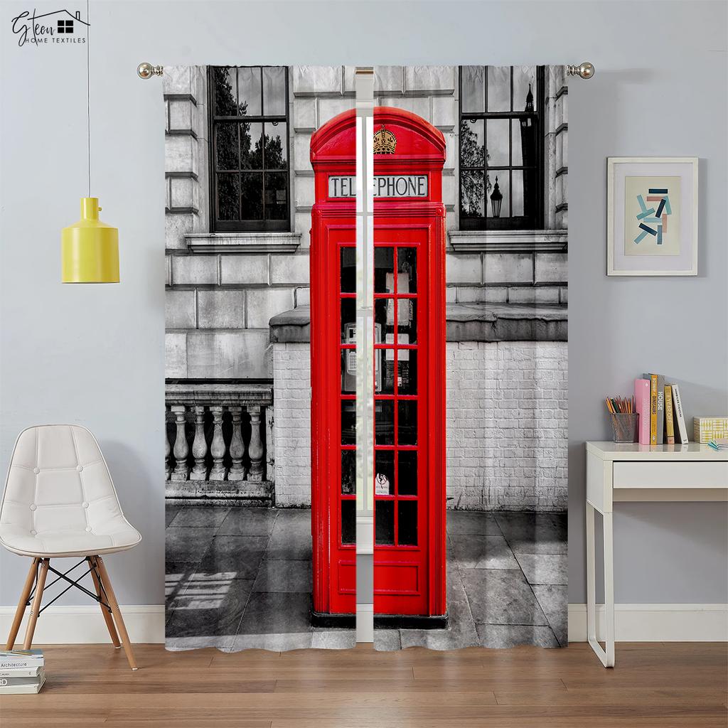 Black And White City Building 3D Printing Curtain Street View Building Red Bus Telephone Booth Simple Modern Decorative Curtain