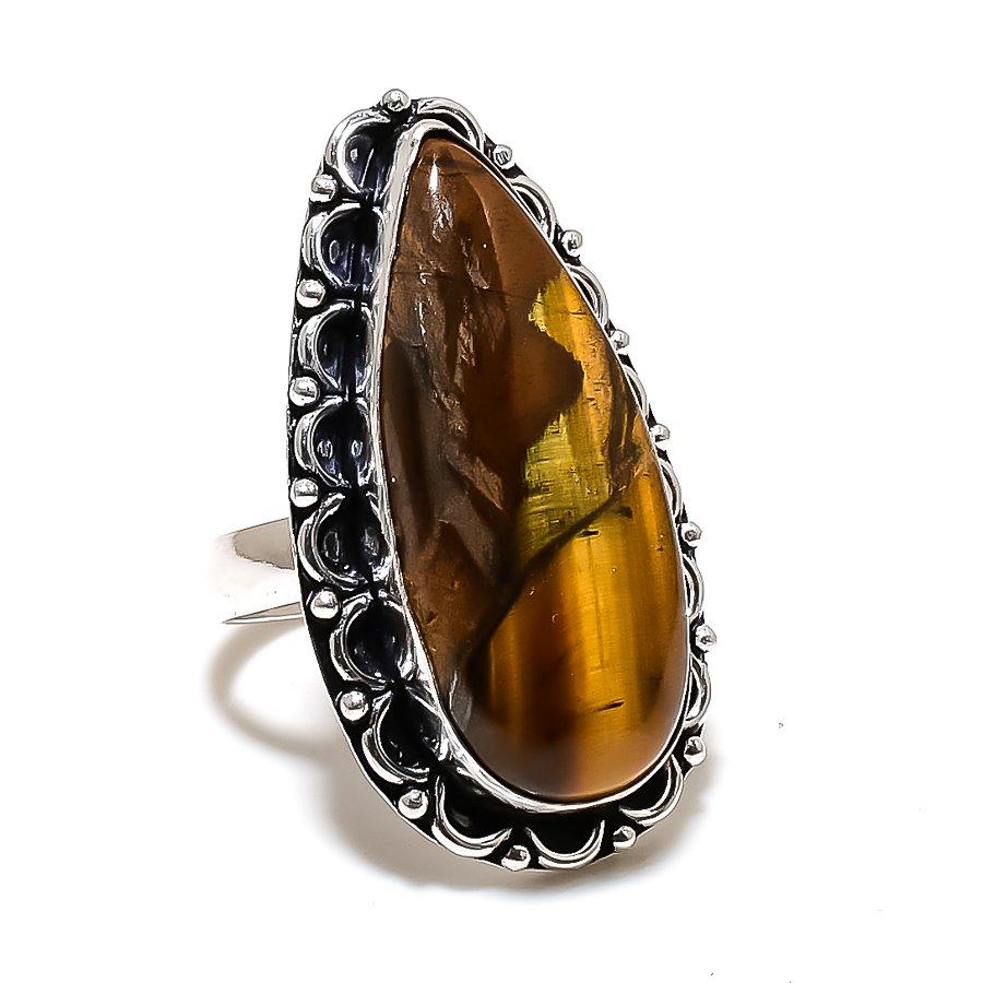 Tiger Eye Gemstone Handmade 925 Sterling Silver Jewelry Ring Size 9 SU-10549