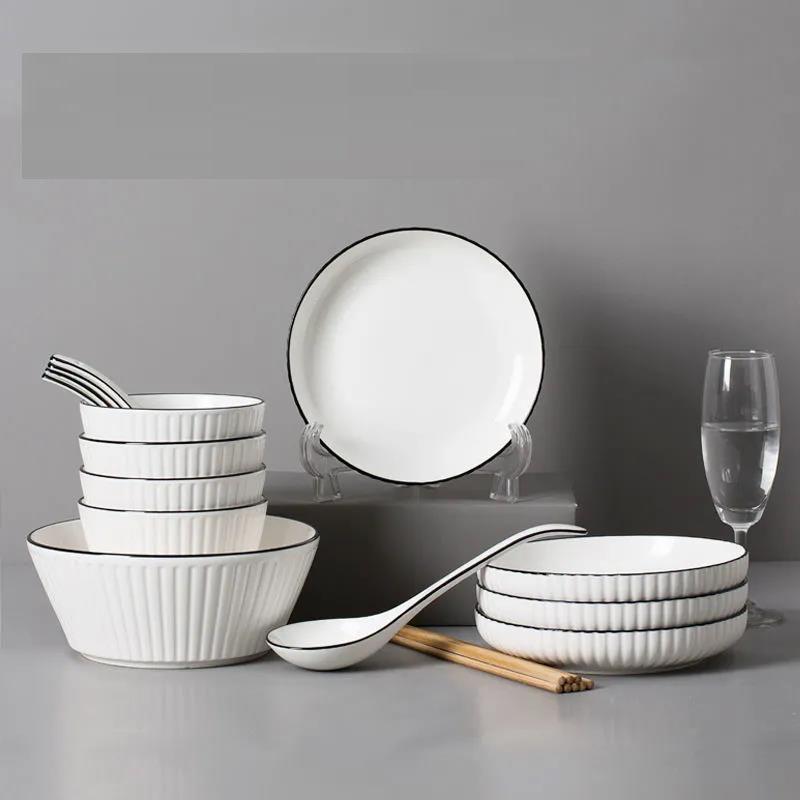Set Di 6 Piatti Da Insalata In Ceramica - 21 Cm, Motivo Rosa, Bianco Con Dettagli Neri, Adatti A Microonde E Lavastoviglie, Senza Piombo
