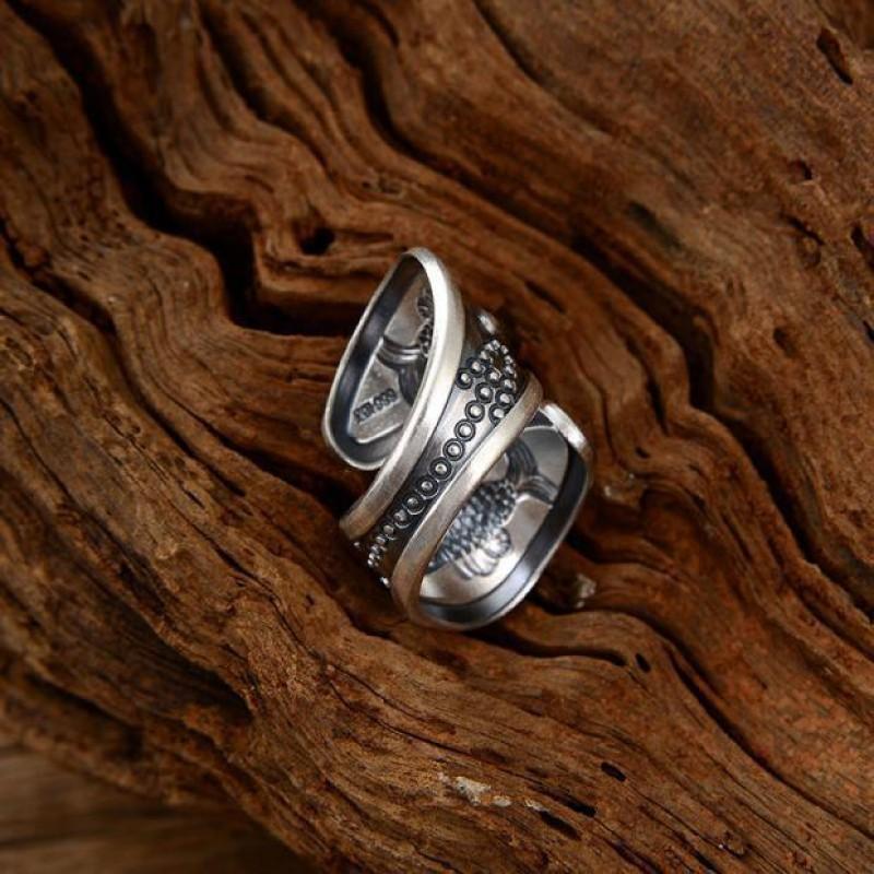 Adjustable Wide Band Ring Men Women Sterling Geometric Fish Motif Vintage Style Unisex Finger