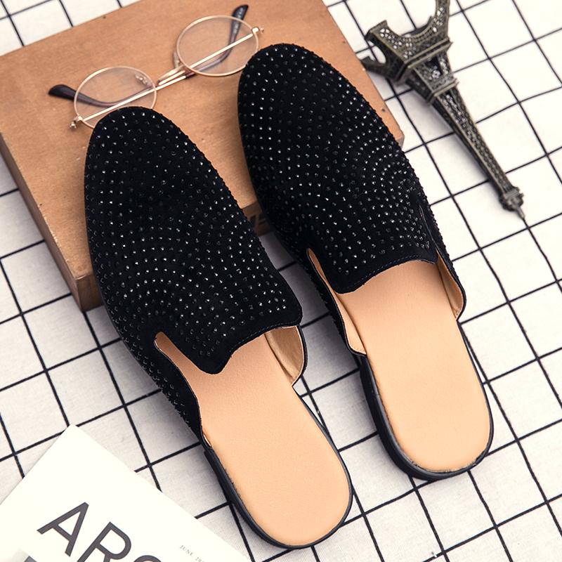 New Men Half Slippers Charm Rhinestones Loafers Casual Patent Leather Mules Moccasins Breathable Silver Black Driving Shoes