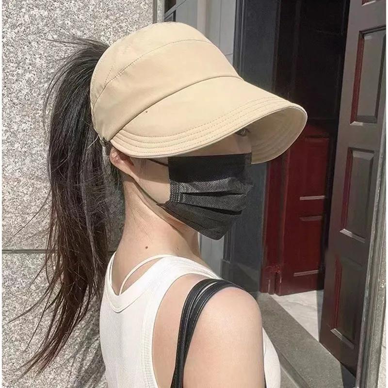 Foldable Wide Brim Ponytail Sun Hat Drawstring Adjustable Caps Women Empty Top Beach Hat Summer Quick-dry Visor Fisherman Cap