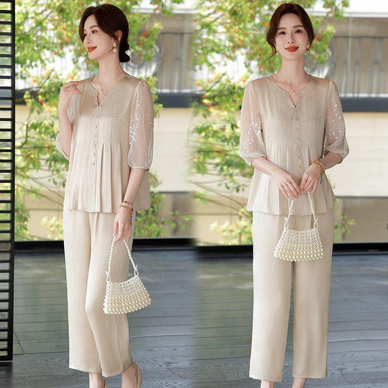 2026 Mom's Summer Mid-Sleeve Chiffon Blouse & Top Two-Piece Set for Middle-Aged and Elderly Women