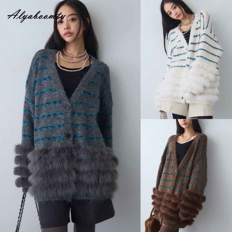 Korean Style Autumn Winter Women Knitting Cardigan V Neck Grey Brown Beige Loose Oversized Striped Knitted Outerwear With Faux Fur Trim