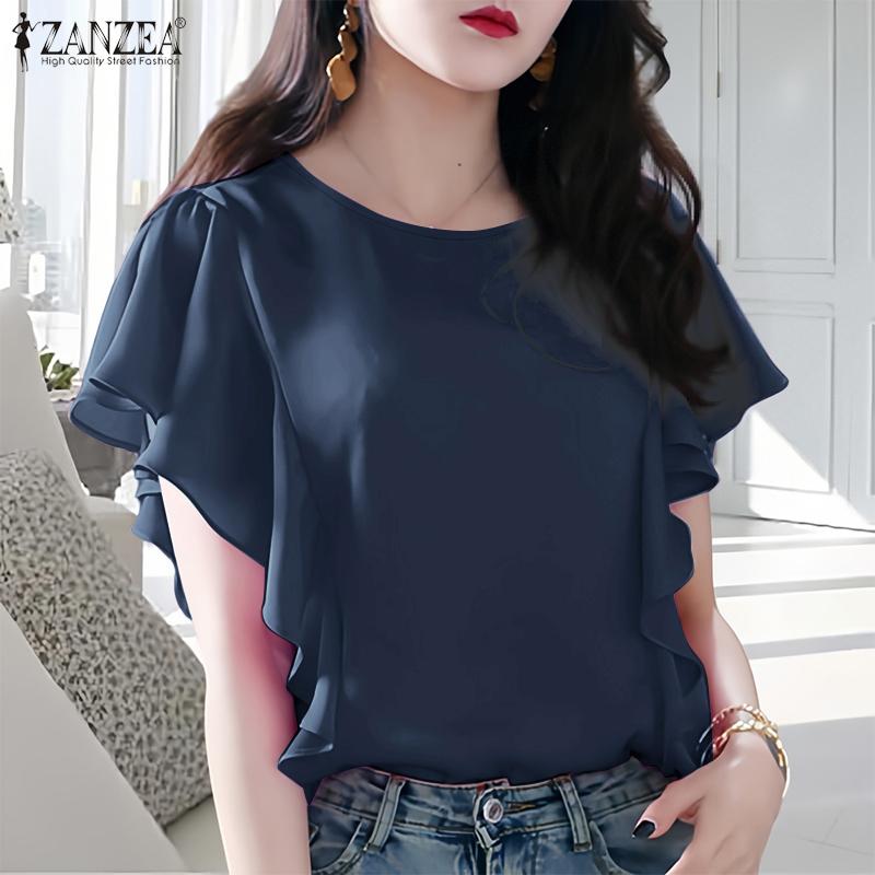 

ZANZEA Women Casual Round Neck Loose Ruffles Short Sleeve Plain Blouse фіолетовий