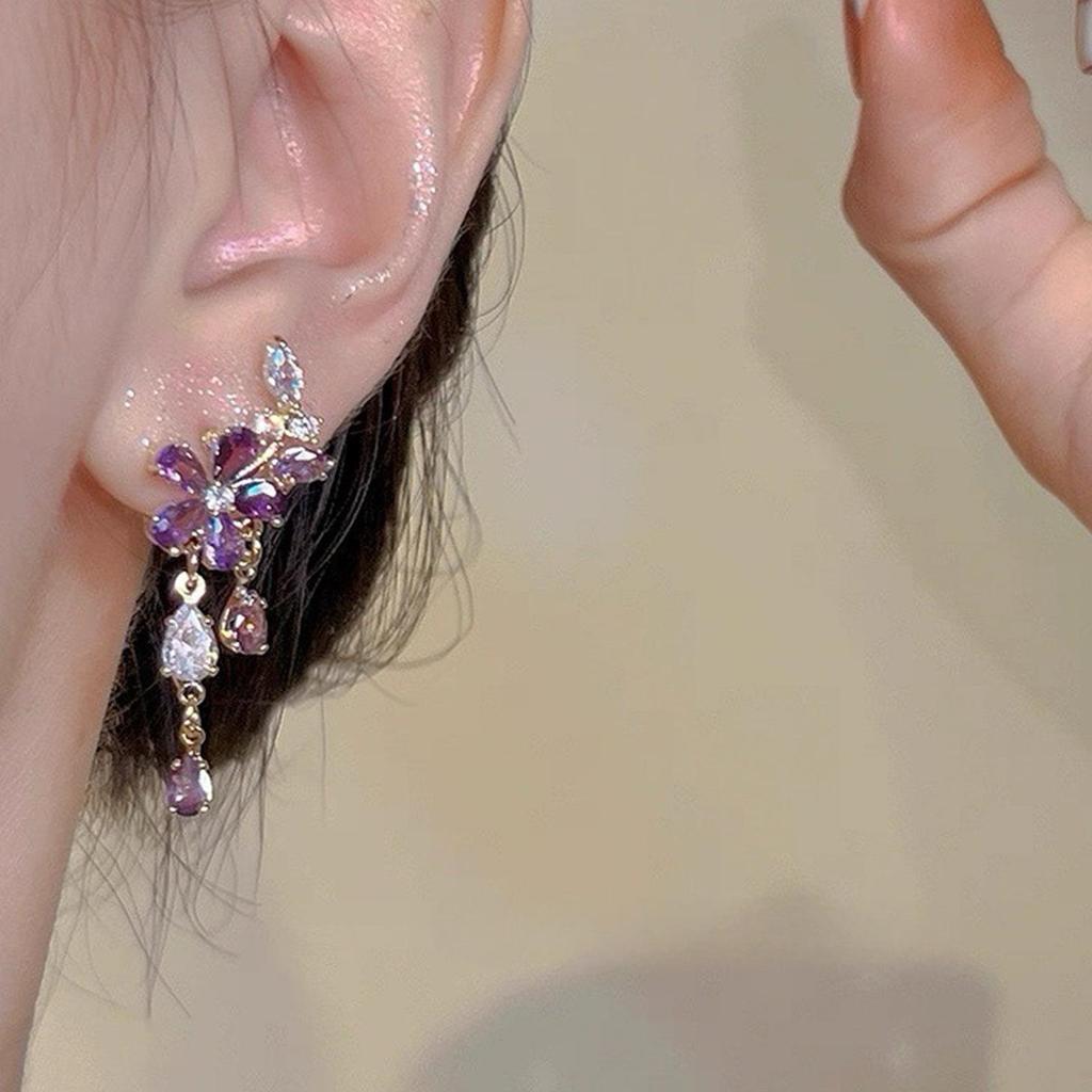 French Purple Zircon Flower Stud Earrings - Exquisite Retro Tassel Design