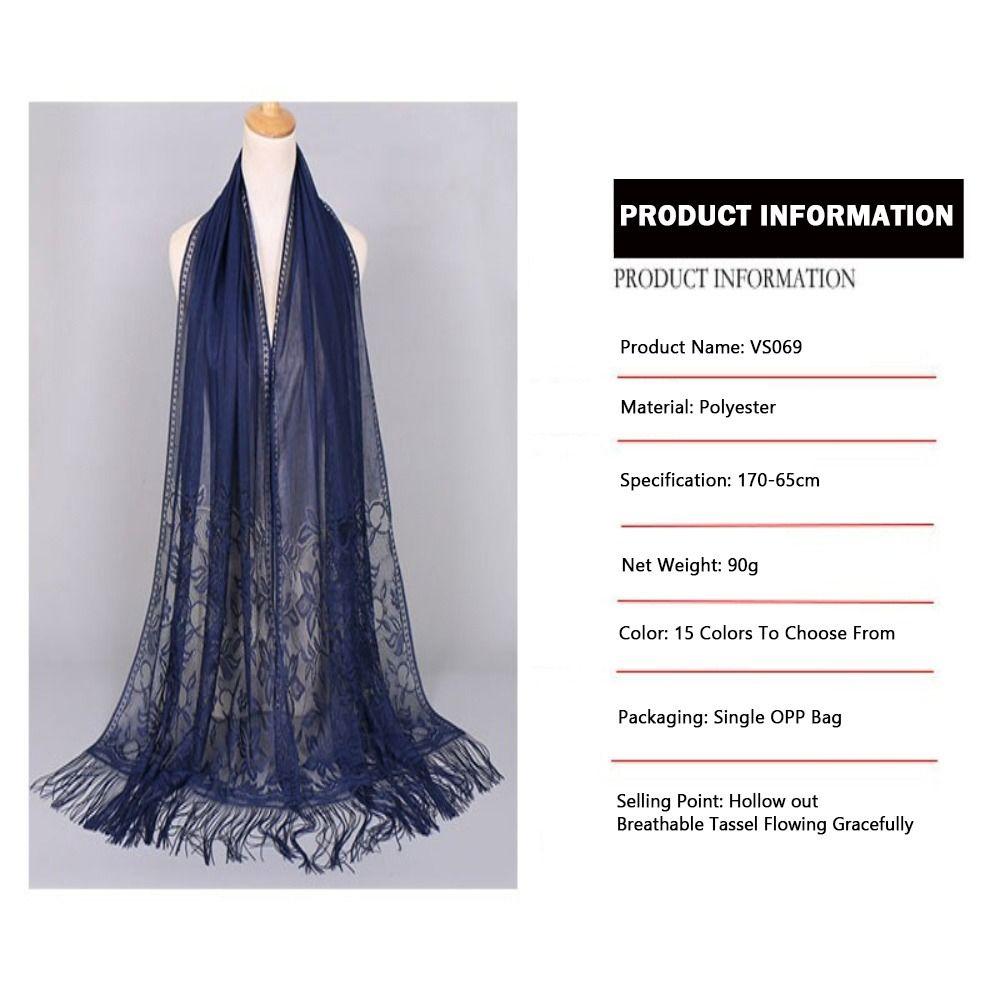 Cross-Border Solid Color Lace Scarf Cotton Blend Muga Silk Hollow Scarf Hollow Design Tassel Trim Mesh Scarf Casual Wear