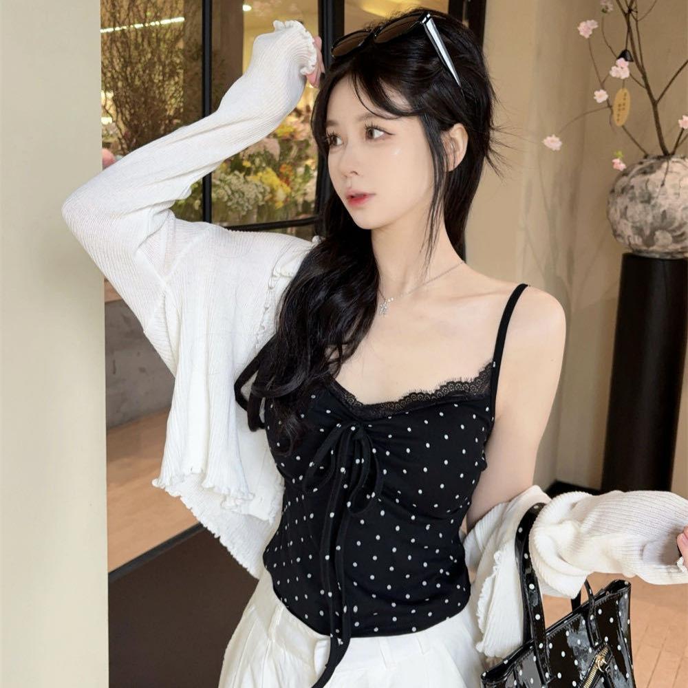 #Summer new sweet wind polka dot lace splicing sling vest, slim fixed with chest pad top