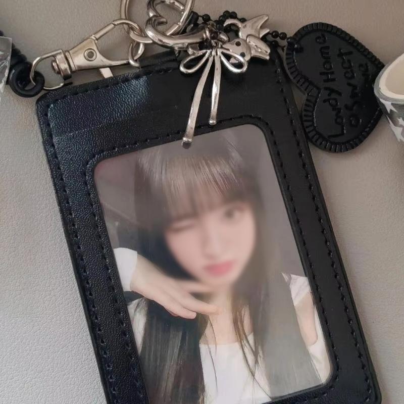 1 Piece Black Pu Leather Silver Cat Bow Pendant Photo Card Holder Keychain Student Campus Card Id Card Holder