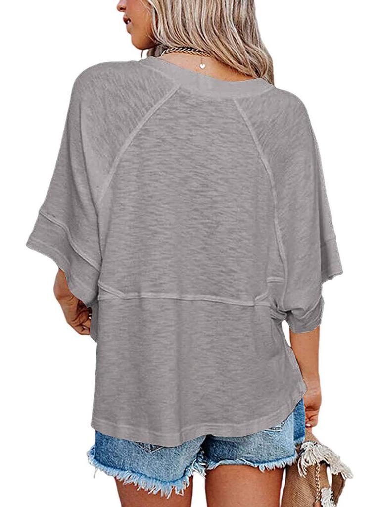 2025 Trendiges gespleißtes einfarbiges Glockenärmel-Lockeres Damen-T-Shirt