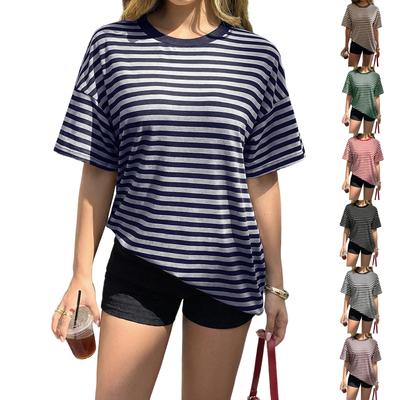 Women's Fashion Striped Round Neck Short Sleeved Casual Loose Fitting Pullover T-shirt Top