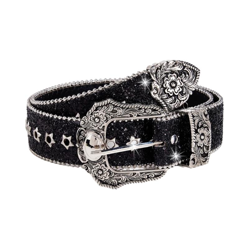 Grunge Waist Belts for Jeans Pants Carving Glitter Floral Buckle Belt Bandsman