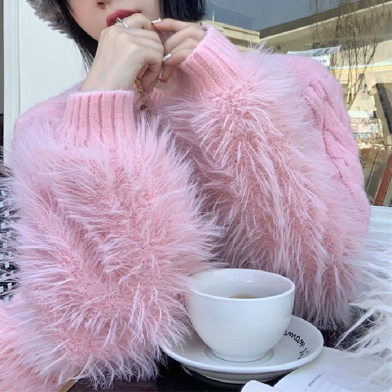 New large-size women's clothing, fat tassel imitation mink splicing, thickened twist crew neck sweater, soft waxy knitted sweater for women