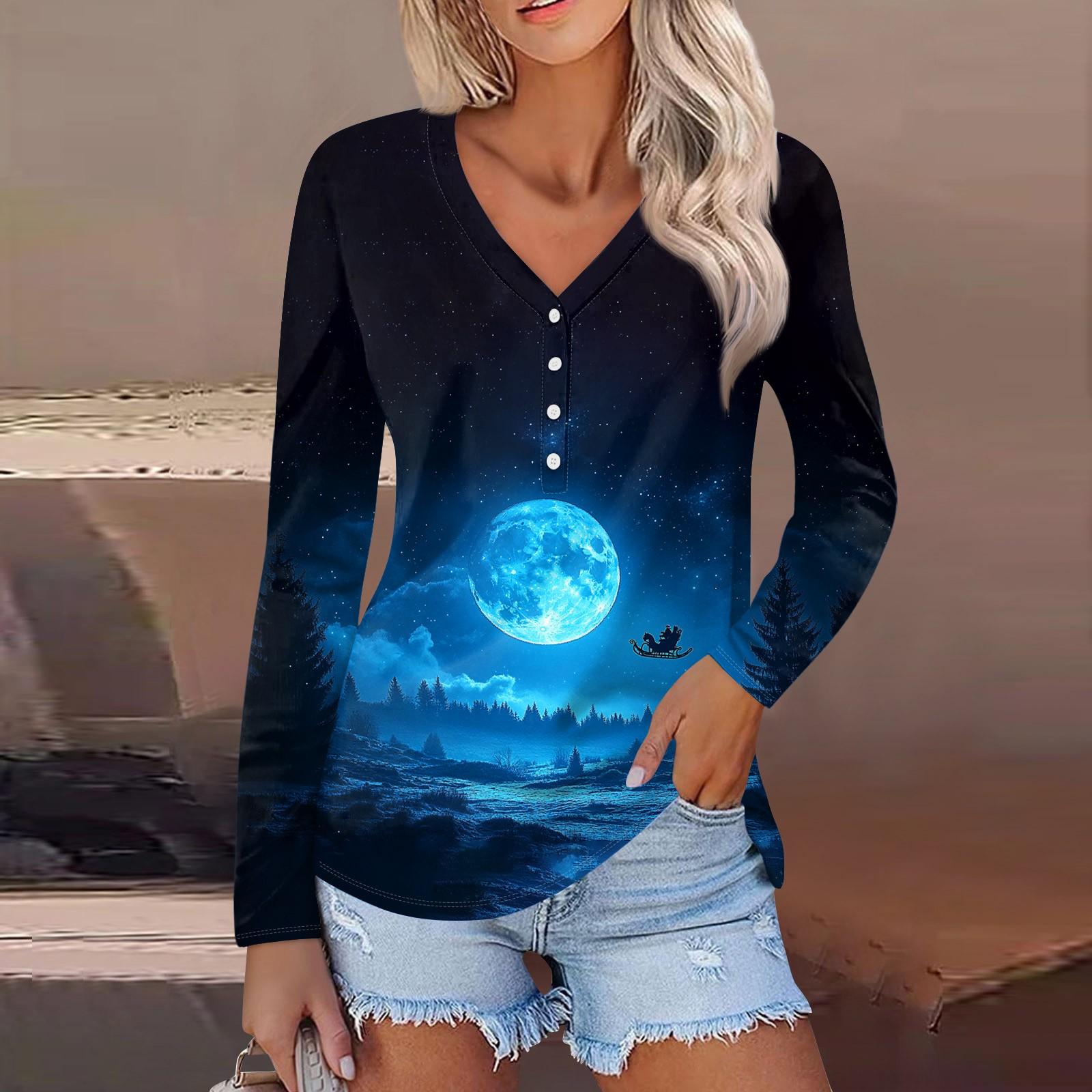 

Женская мода повседневная с длинным рукавом рождественский принт V-образный вырез на пуговицах L