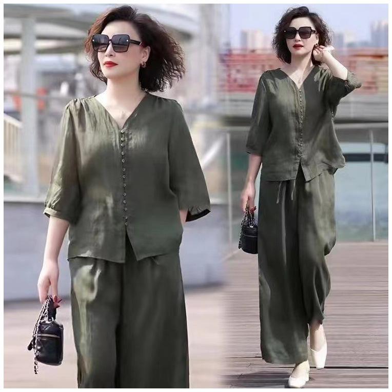 Summer Casual Korean Style Slimming Suit Top and Bottoms 2-Piece Set for Middle-Aged Mothers Fashionable Bell Bottoms