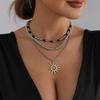 Retro Multi-Layer Sunflower Pendant Necklace with Black Beads and Metal Clavicle Chain