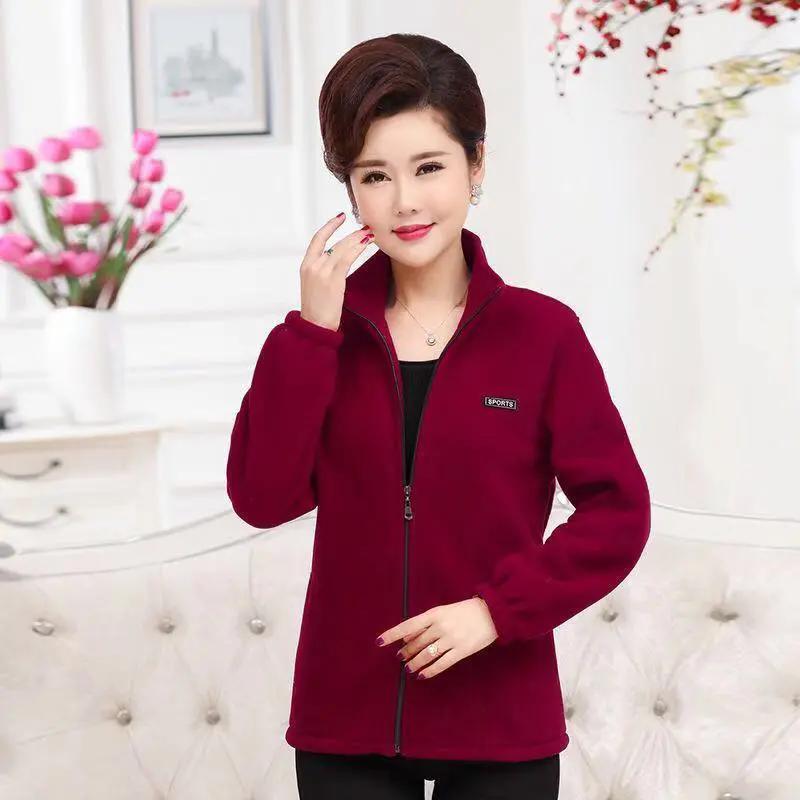 WTEMPO Spring Autumn Polar Fleece Tops Loose Mom's Clothing Fleece Sports Coat Middle Aged and Elderly Women's Clothing