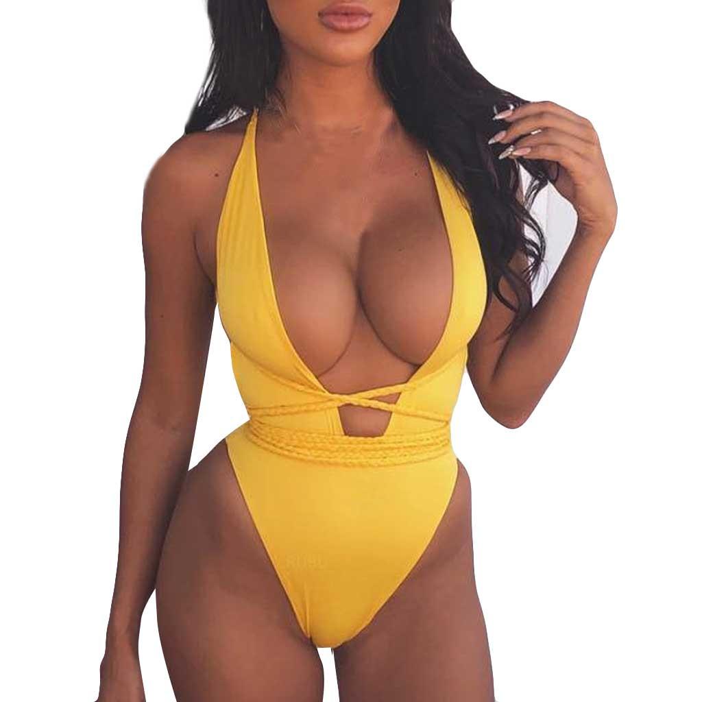 Women V-Neck Solid Volor Jumpsuit Push-Up Beach  Bandage Bikini  Swimwe