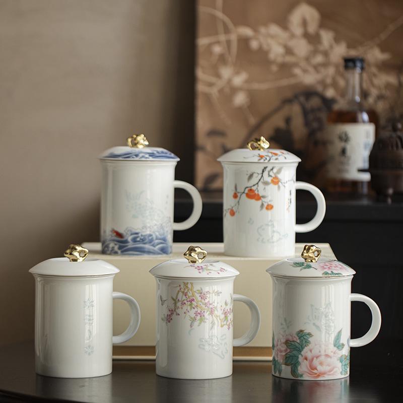 Exquisite Mutton Fat Jade Office Tea Cup Set with Lid & Filter