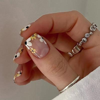 Franse Bloemen Kleine Verse Ins Stijl Nagels Nagels Stukjes Kort Vierkant Europees Vierkant Manicure Nep Nagels Stukjes Kort