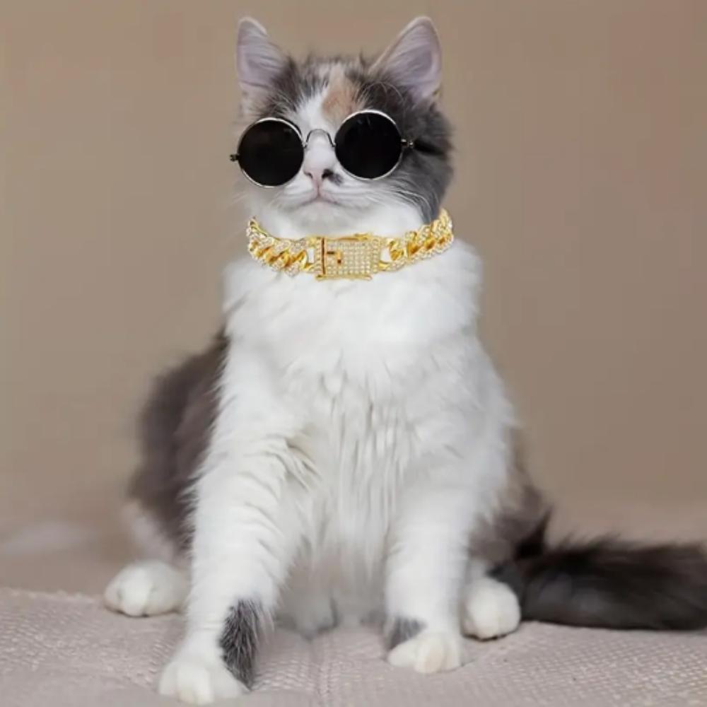 Luxury gold imitation diamond pet collar - Cuban chain cat and dog exclusive, hip-hop style daily wear and party accessories