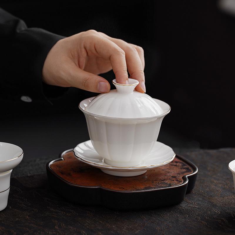 Mutton Fat Jade Dehua White Porcelain Tea Set: 10-Piece Gaiwan for Corporate or Household Gifts