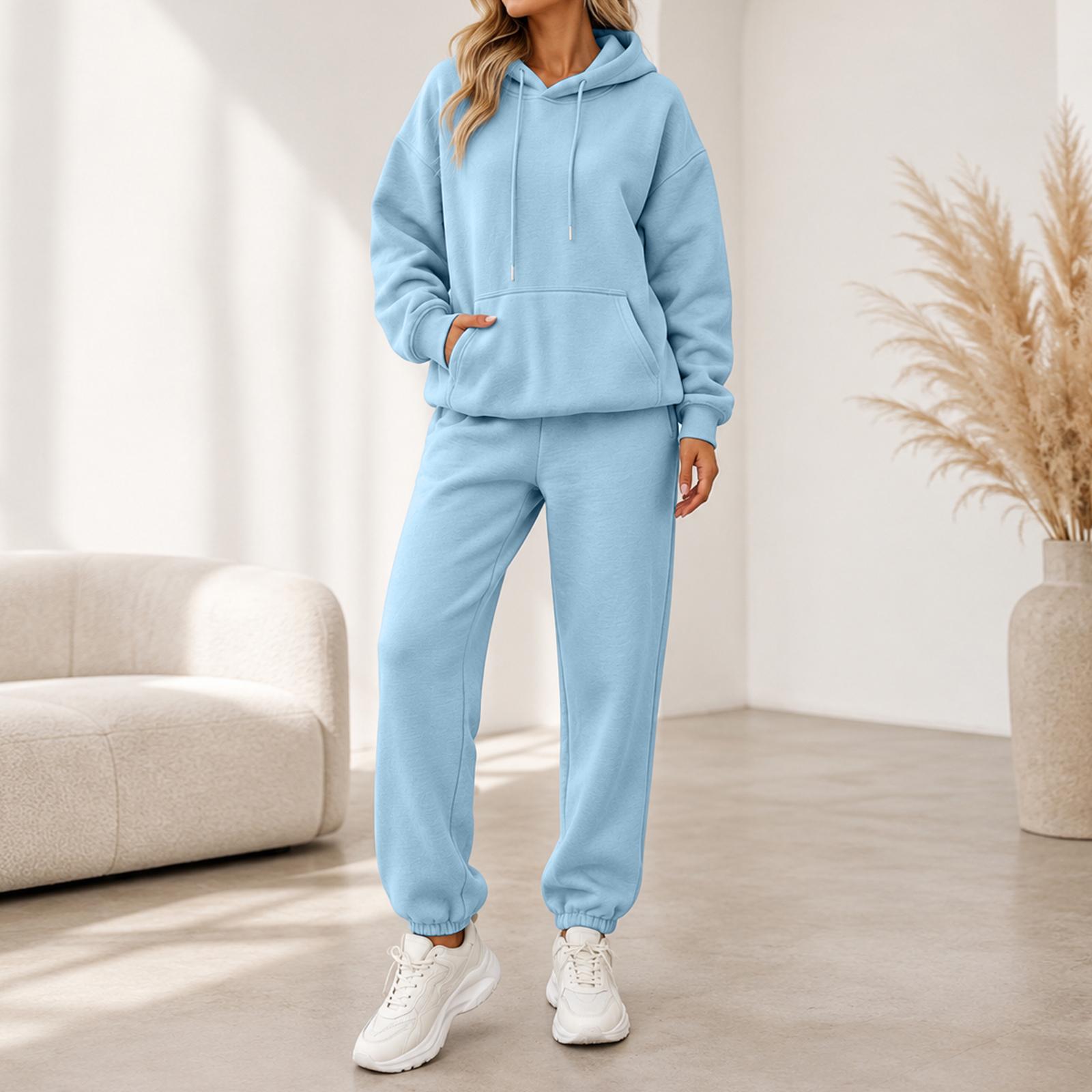 Trendiges Damen-Zweiteiler-Set in Farbe mit gefüttertem lässigem Langarmtop, Taschen und Bündchen an Jogginghosen L hellblaue