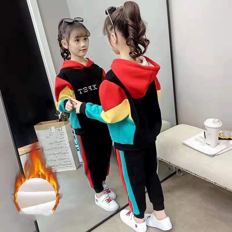 

Golden Velvet Sweater Plus Velvet Thickening Girls Girls Spring, Autumn and Winter Leisure Children s Double-sided Velvet Two-piece Sportswear 160 червоний